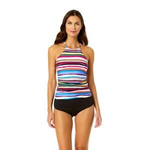 Anne Cole: Easy Breezy Stripe High Neck Tankini Top in Multi, size M, NWT!